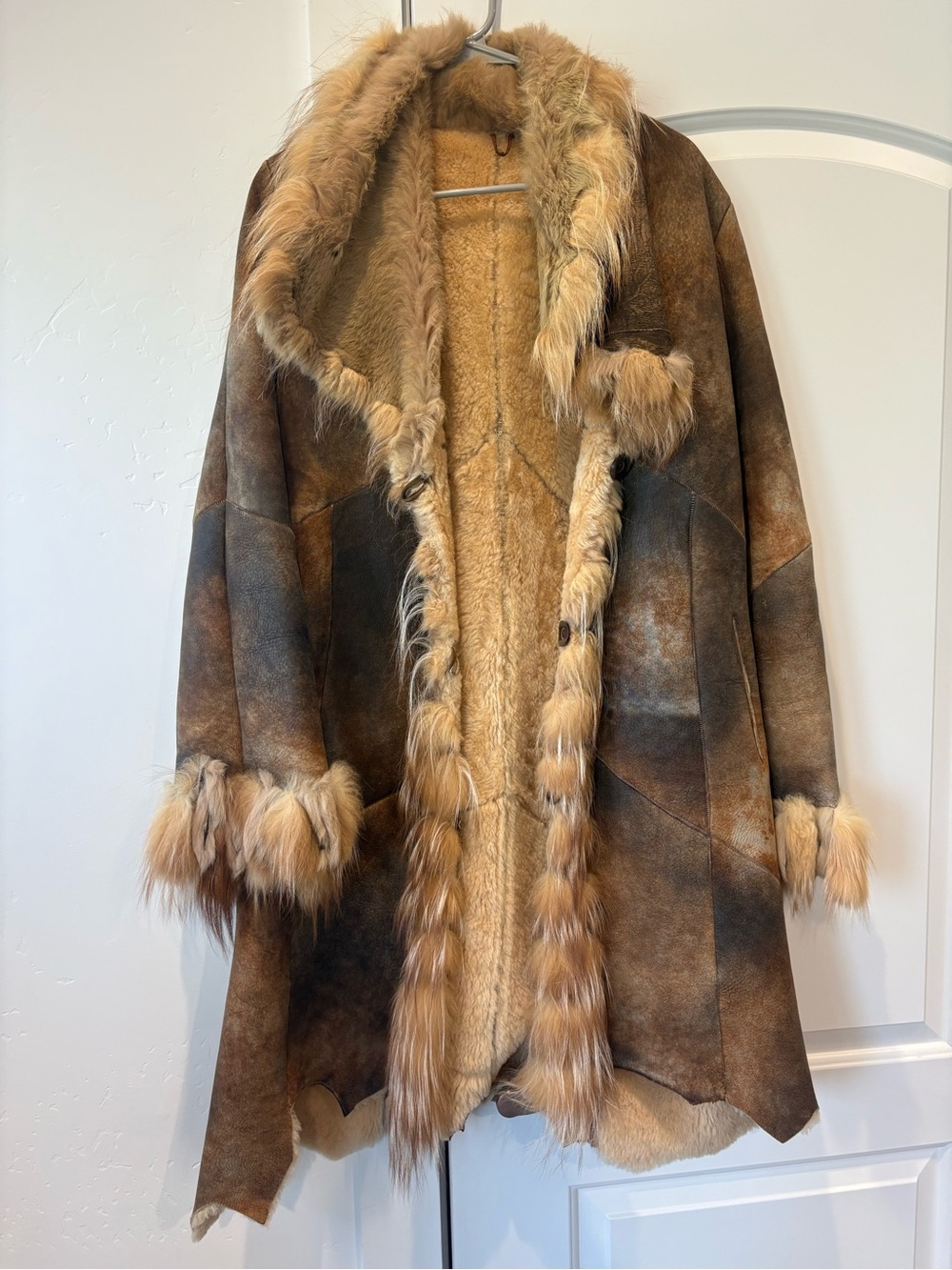 Brown Shearling Coat with Fur Trim - Women Jackets & Coats